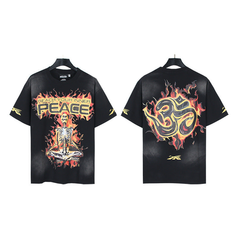 Trendy American Retro H Hell Star Series Printed T Shirt