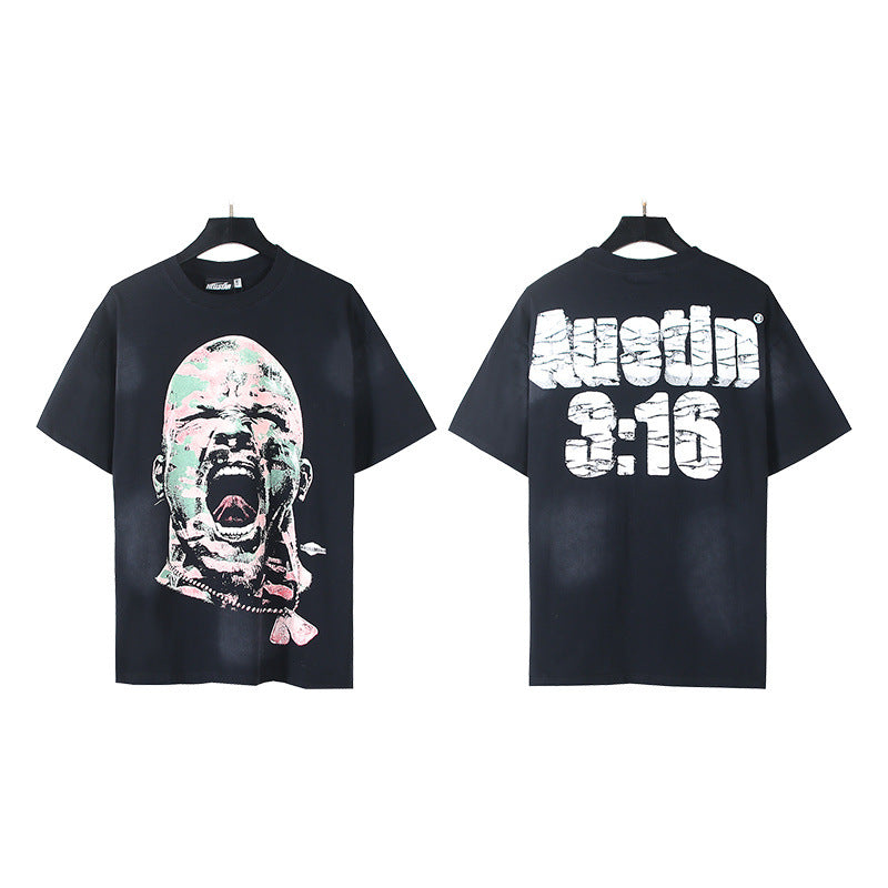 Trendy American Retro H Hell Star Series Printed T Shirt