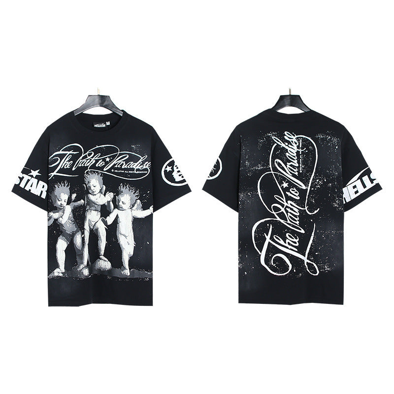 Trendy American Retro H Hell Star Series Printed T Shirt