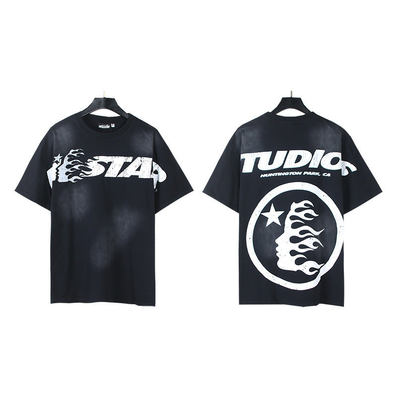 Trendy American Retro H Hell Star Series Printed T Shirt
