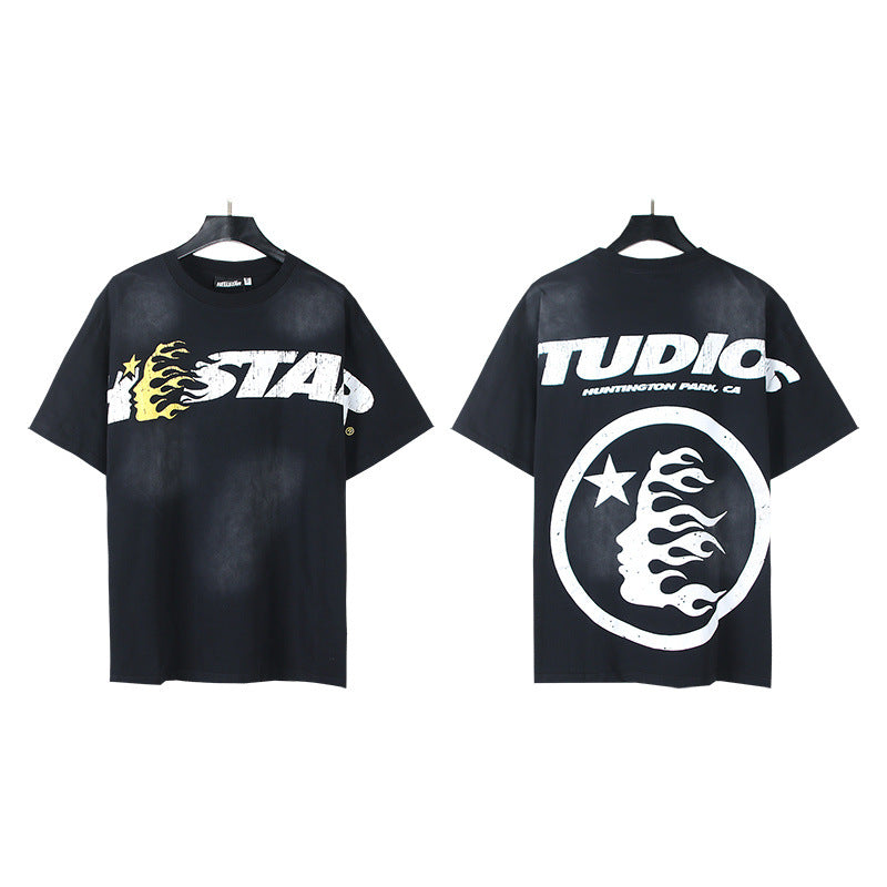 Trendy American Retro H Hell Star Series Printed T Shirt