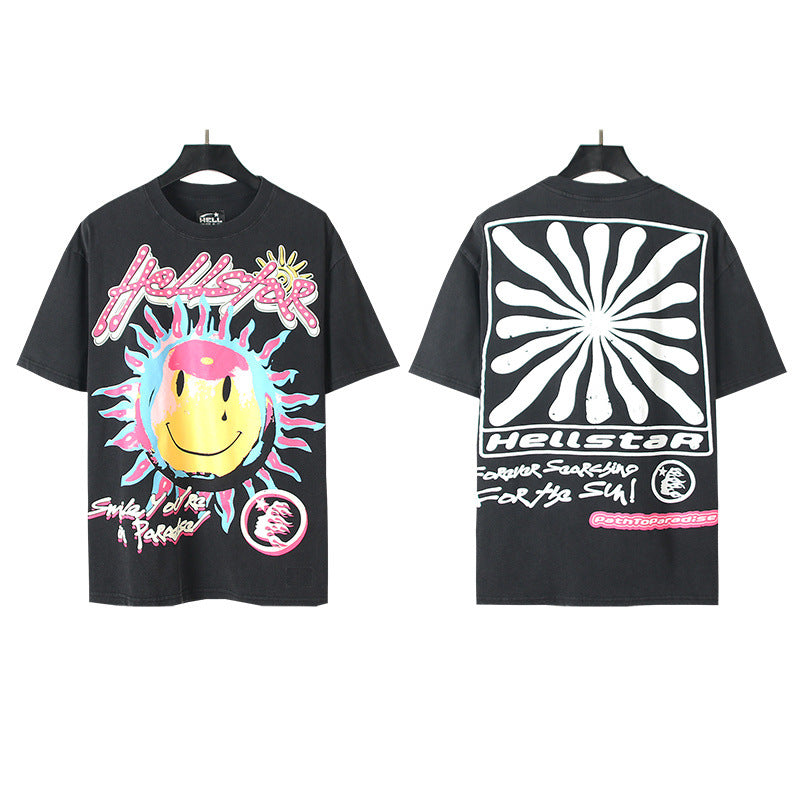 Trendy American Retro H Hell Star Series Printed T Shirt