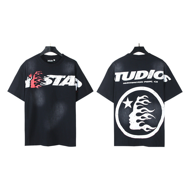 Trendy American Retro H Hell Star Series Printed T Shirt