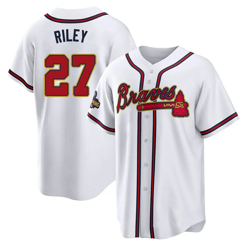 Leonaf A.Braves #27 Austin Riley Player White&Gold Replica Program Stitched Jerseys