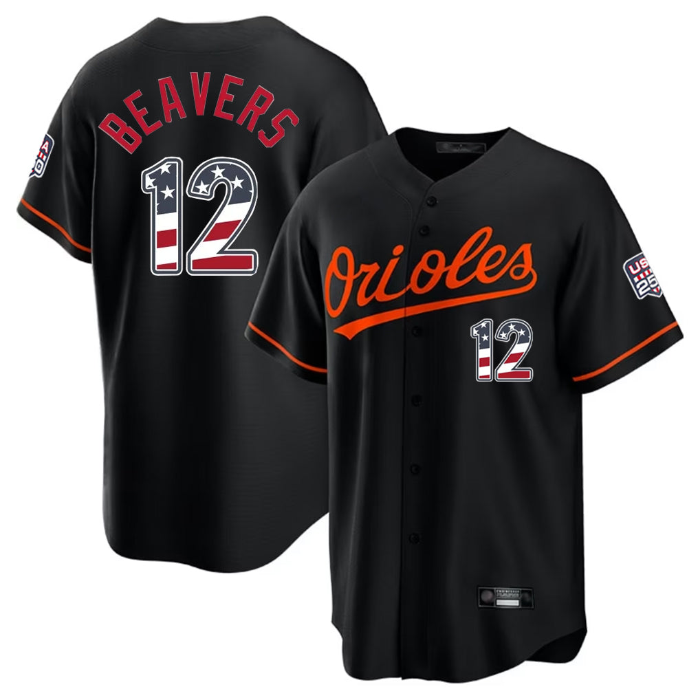 Leonaf B.Orioles #12 Dylan Beavers Player Black USA 250 Fourth of July Home Game Stitched Jerseys