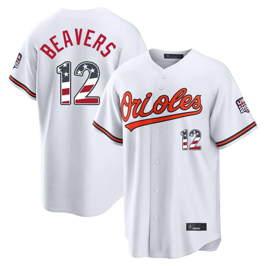 Leonaf B.Orioles #12 Dylan Beavers Player White USA 250 Fourth of July Home Game Stitched Jerseys