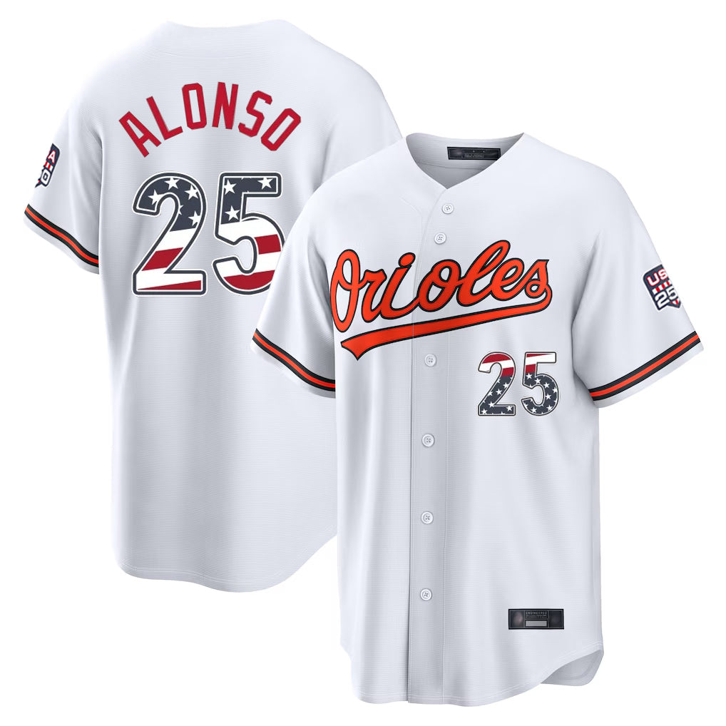 Leonaf B.Orioles #25 Pete Alonso Player White USA 250 Fourth of July Home Game Stitched Jerseys