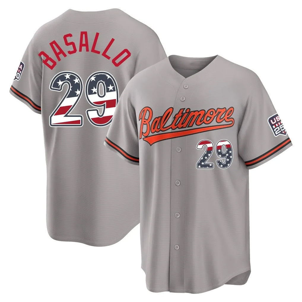 Leonaf B.Orioles #29 Samuel Basallo Player Gray USA 250 Fourth of July Home Game Stitched Jerseys