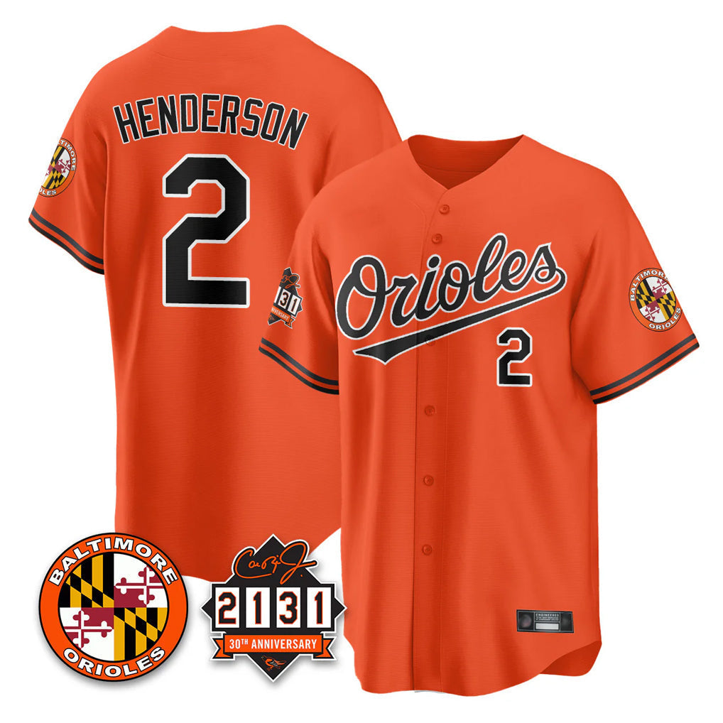 Leonaf B.Orioles #2 Gunnar Henderson Player Orange 30th Anniversary of 2131 Home Game Stitched Jerseys