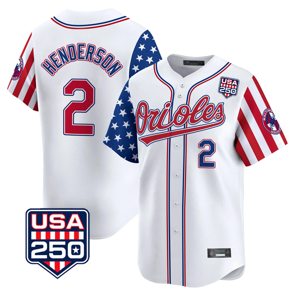 Leonaf B.Orioles #2 Gunnar Henderson Player White USA 250 Independence Day Vapor Premier Home Game Stitched Jerseys