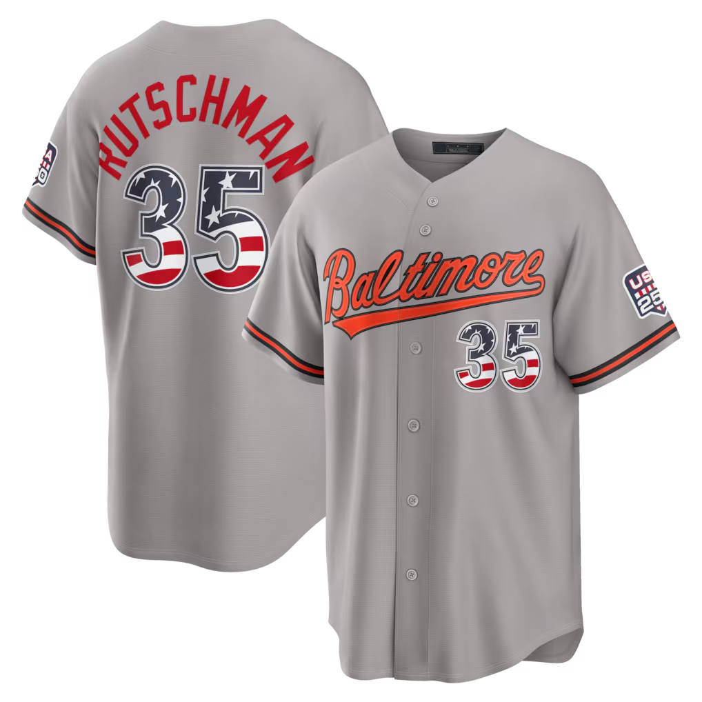 Leonaf B.Orioles #35 Adley Rutschman Gray USA 250 Fourth of July Road Stadium Jersey