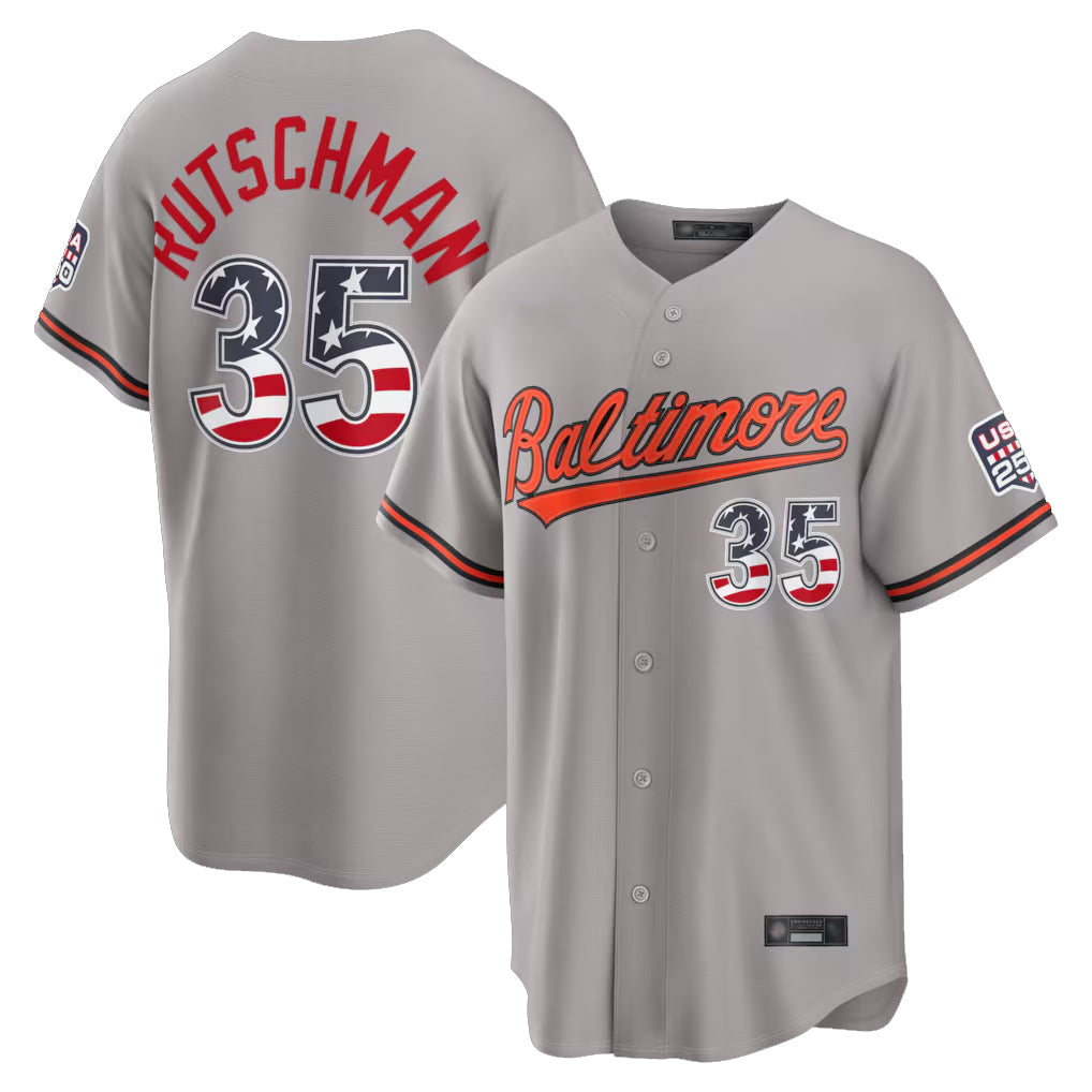 Leonaf B.Orioles #35 Adley Rutschman Gray USA 250 Fourth of July Home Game Stitched Jerseys