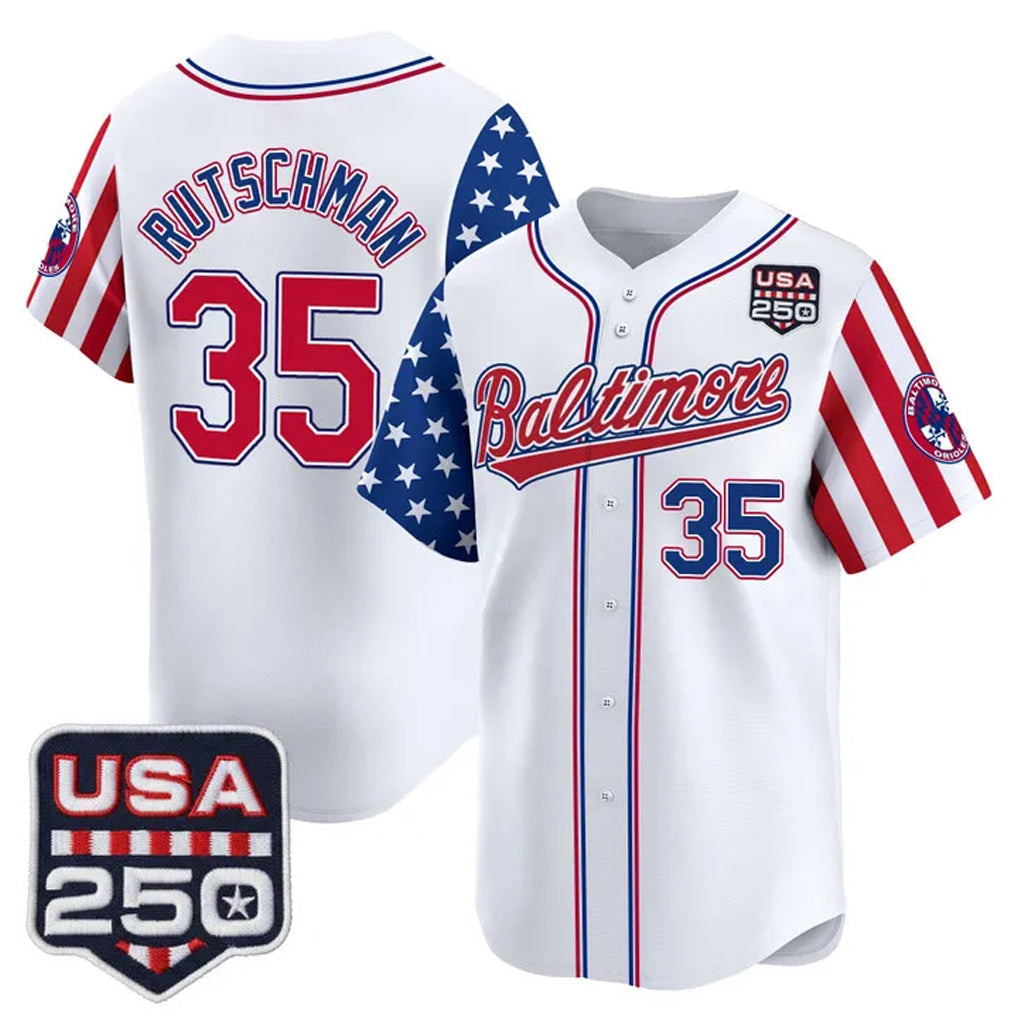 Leonaf B.Orioles #35 Adley Rutschman White USA 250 Independence Day Vapor Premier Limited Home Game Stitched Jerseys