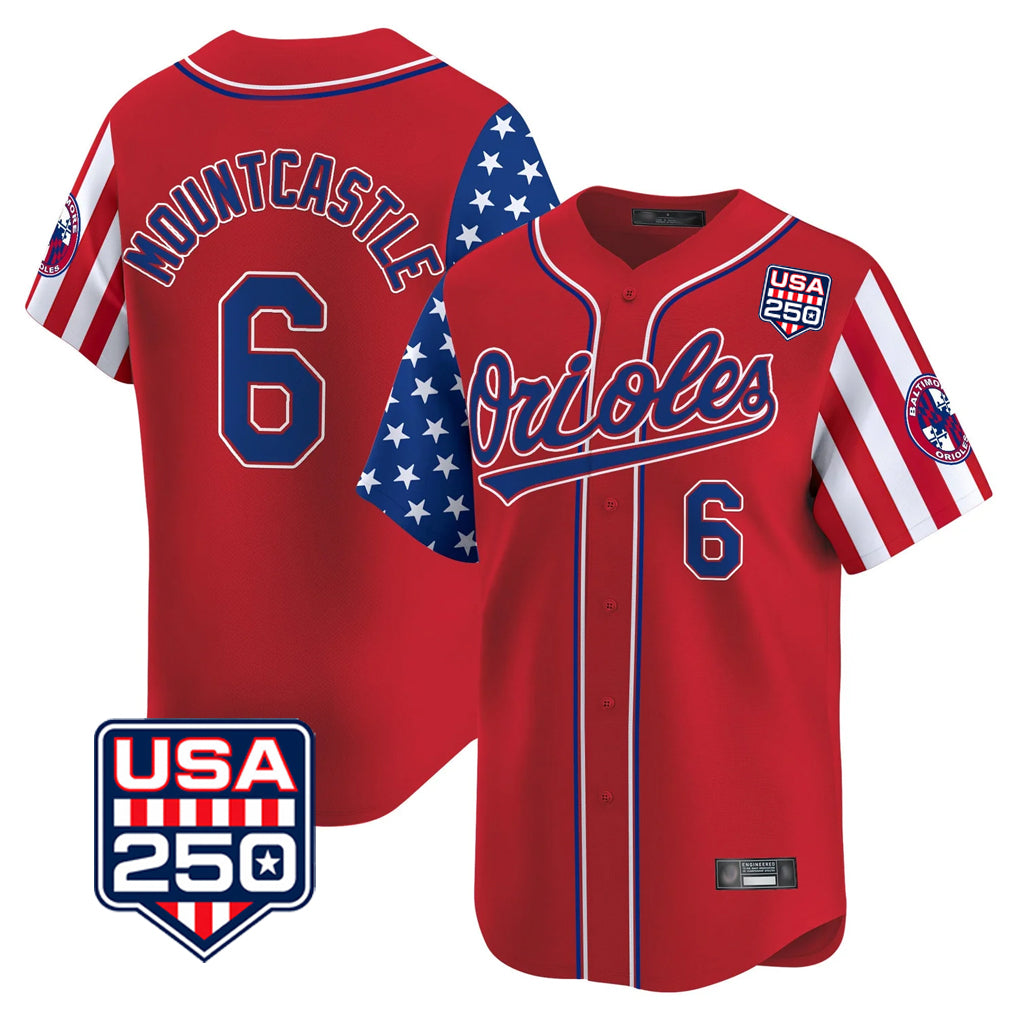 Leonaf B.Orioles #6 Ryan Mountcastle Player Red USA 250 Independence Day Vapor Premier Limited Home Game Stitched Jerseys