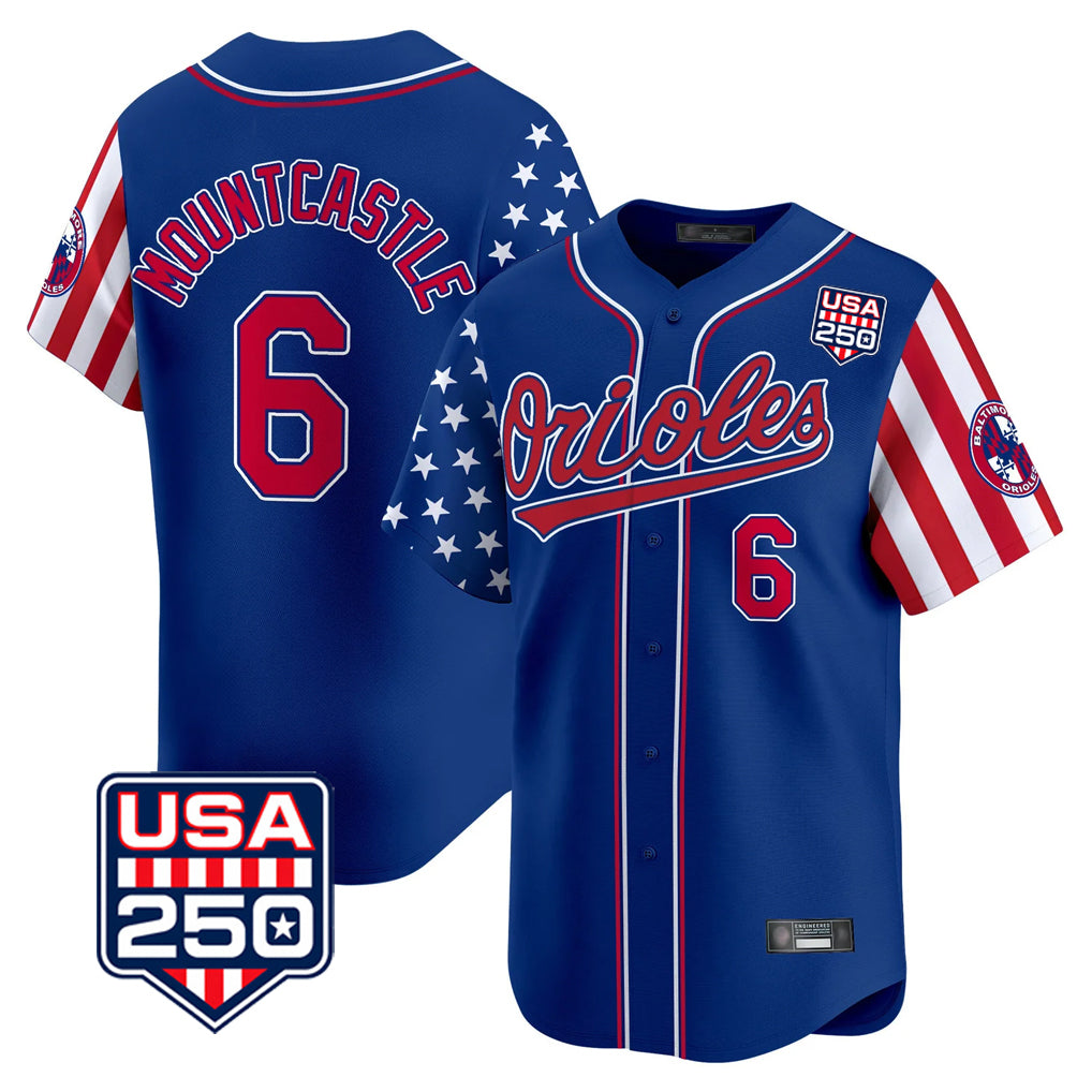 Leonaf B.Orioles #6 Ryan Mountcastle Player Royal USA 250 Independence Day Vapor Premier Limited Home Game Stitched Jerseys