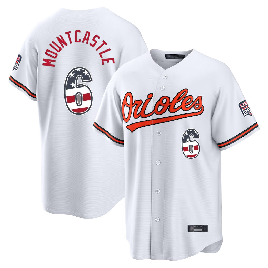 Leonaf B.Orioles #6 Ryan Mountcastle Player White USA 250 Fourth of July Home Game Stitched Jerseys