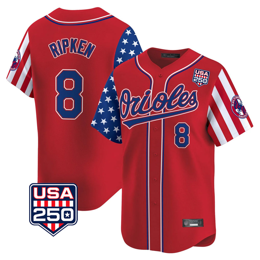 Leonaf B.Orioles #8 Cal Ripken Player Red USA 250 Independence Day Vapor Premier Limited Home Game Stitched Jerseys
