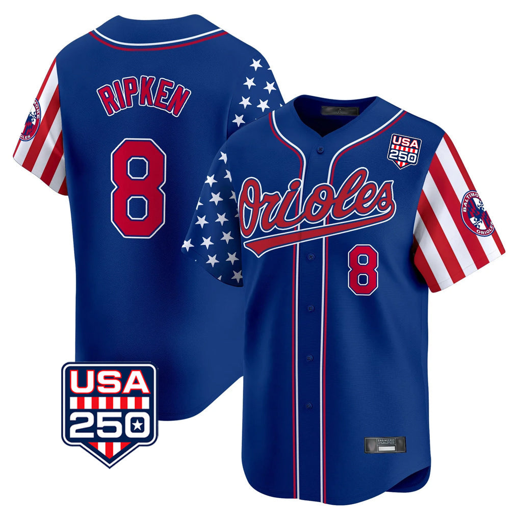 Leonaf B.Orioles #8 Cal Ripken Player Royal USA 250 Independence Day Vapor Premier Limited Home Game Stitched Jerseys