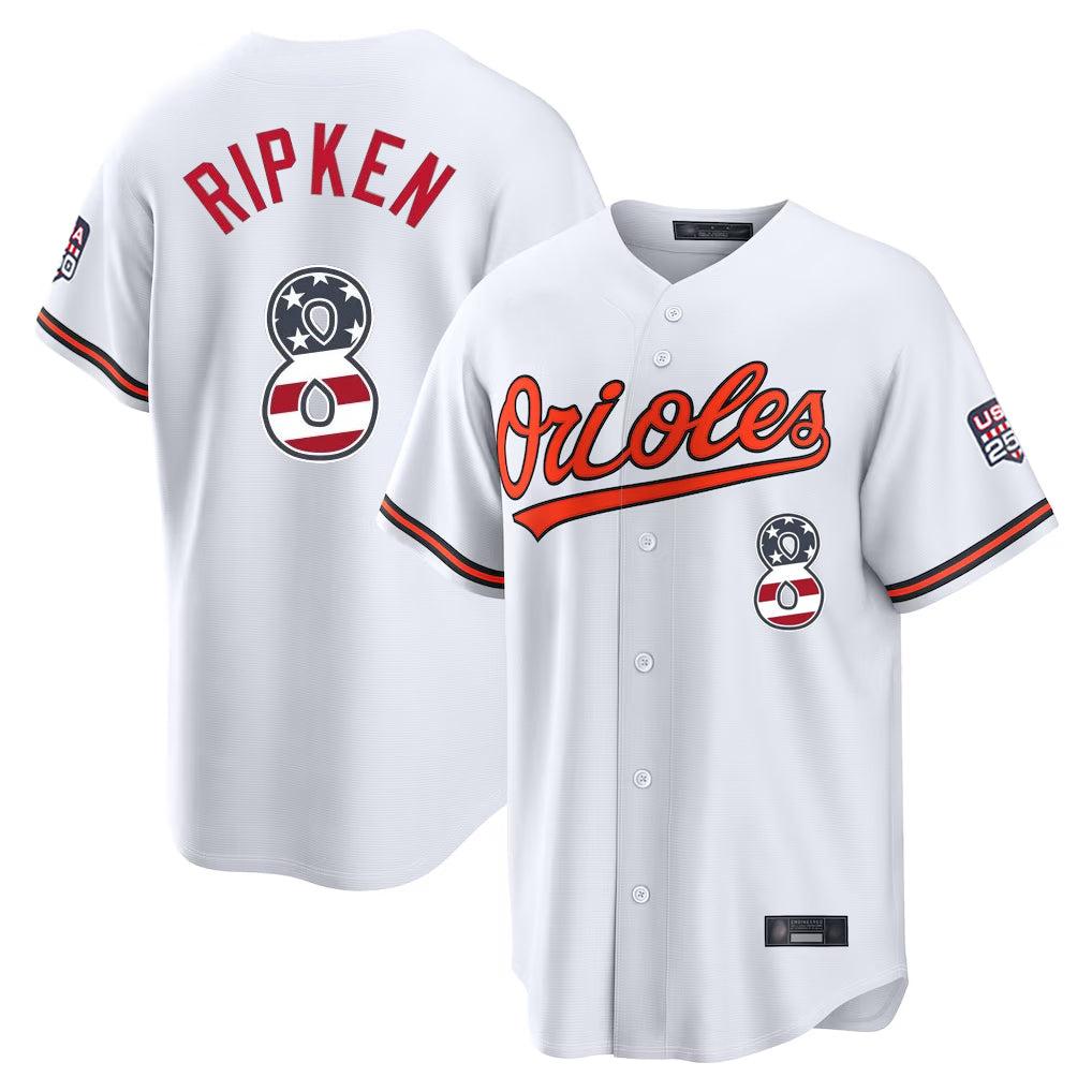Leonaf B.Orioles #8 Cal Ripken Player White USA 250 Fourth of July Home Game Stitched Jerseys