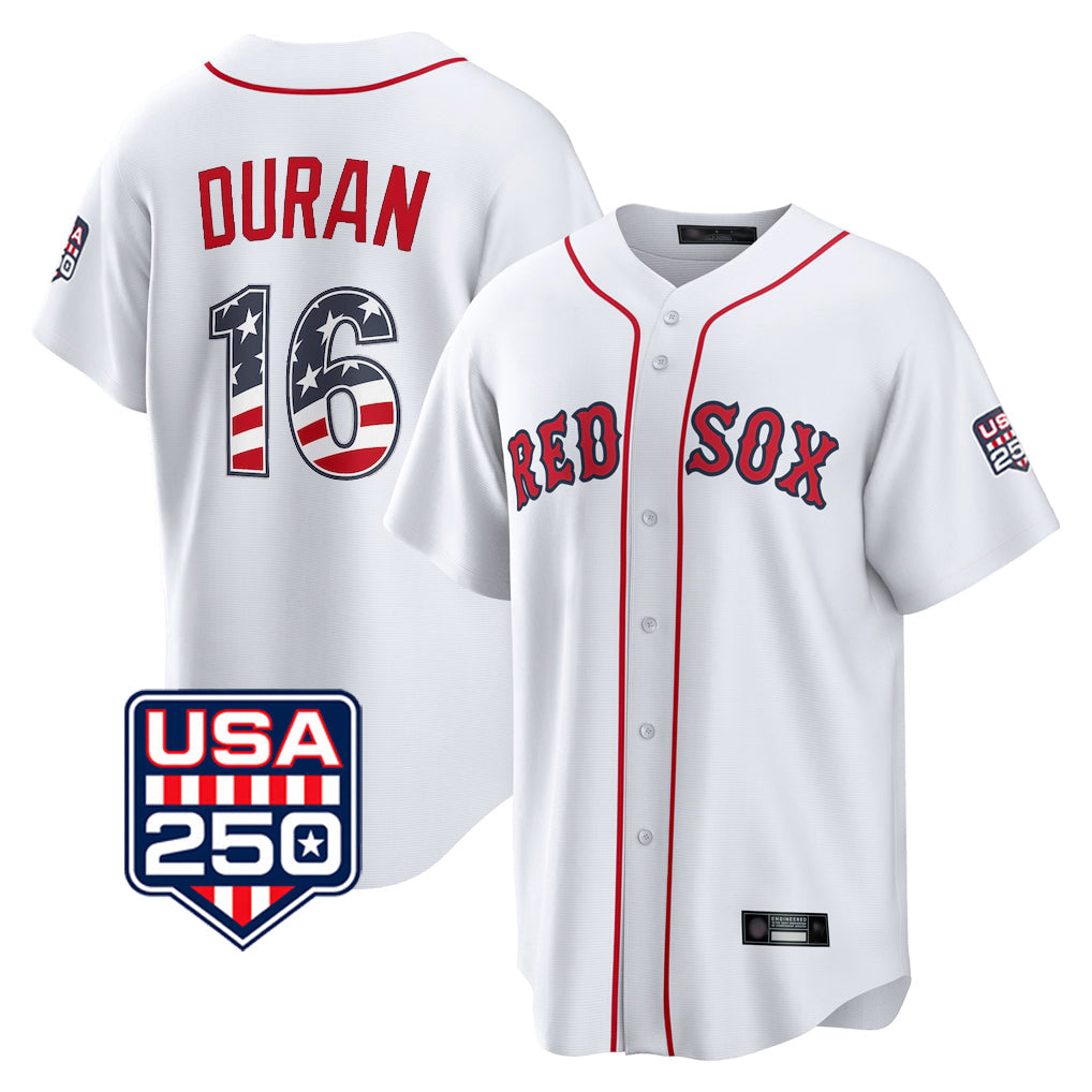 Leonaf B.Red Sox #16 Jarren Duran Player White USA 250 Fourth of July Home Game Stitched Jerseys
