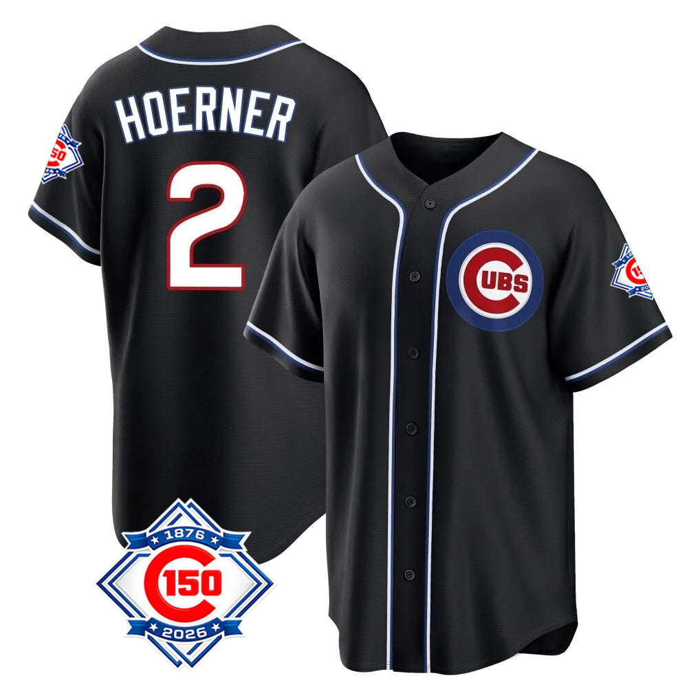Leonaf C.Cubs #2 Nico Hoerner Player Black Fashion Out 150th Anniversary Game Stitched Jerseys