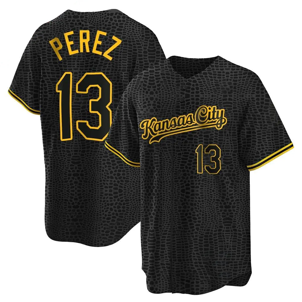 Leonaf KC.Royals #13 Salvador Perez Player Black Snake Skin City Game Stitched Jerseys