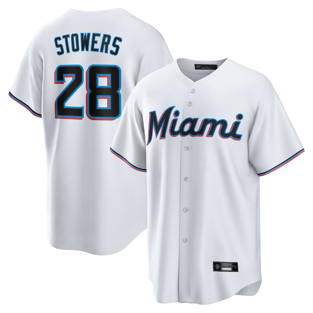 Leonaf M.Marlins #28 Kyle Stowers Player White  Home Game Stitched Jerseys